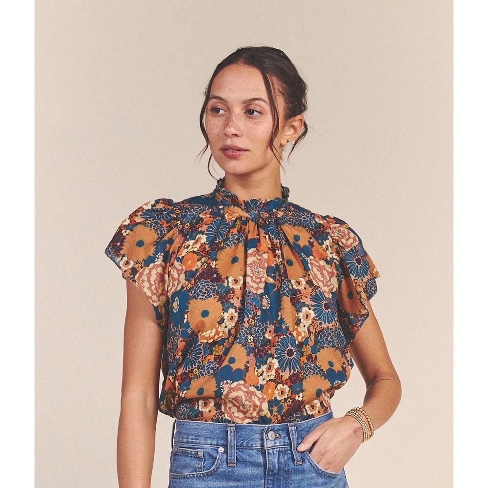 Birds of Paradis by Trovata Blouse Top Floral Flutter Sleeve Brown Teal Small